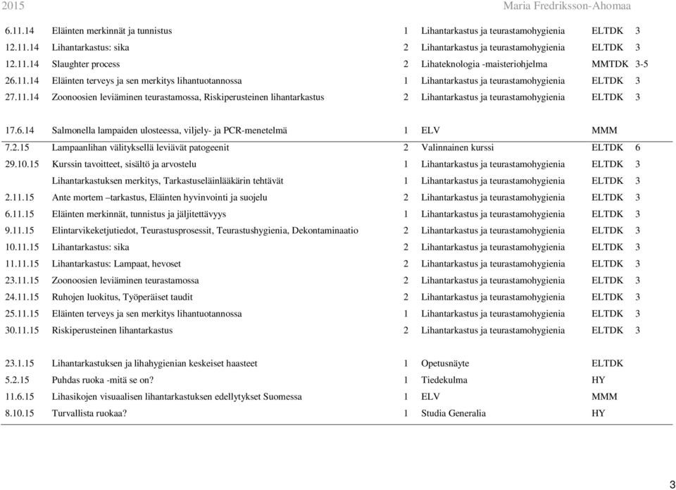 6.14 Salmonella lampaiden ulosteessa, viljely- ja PCR-menetelmä 1 ELV MMM 7.2.15 Lampaanlihan välityksellä leviävät patogeenit 2 Valinnainen kurssi ELTDK 6 29.10.