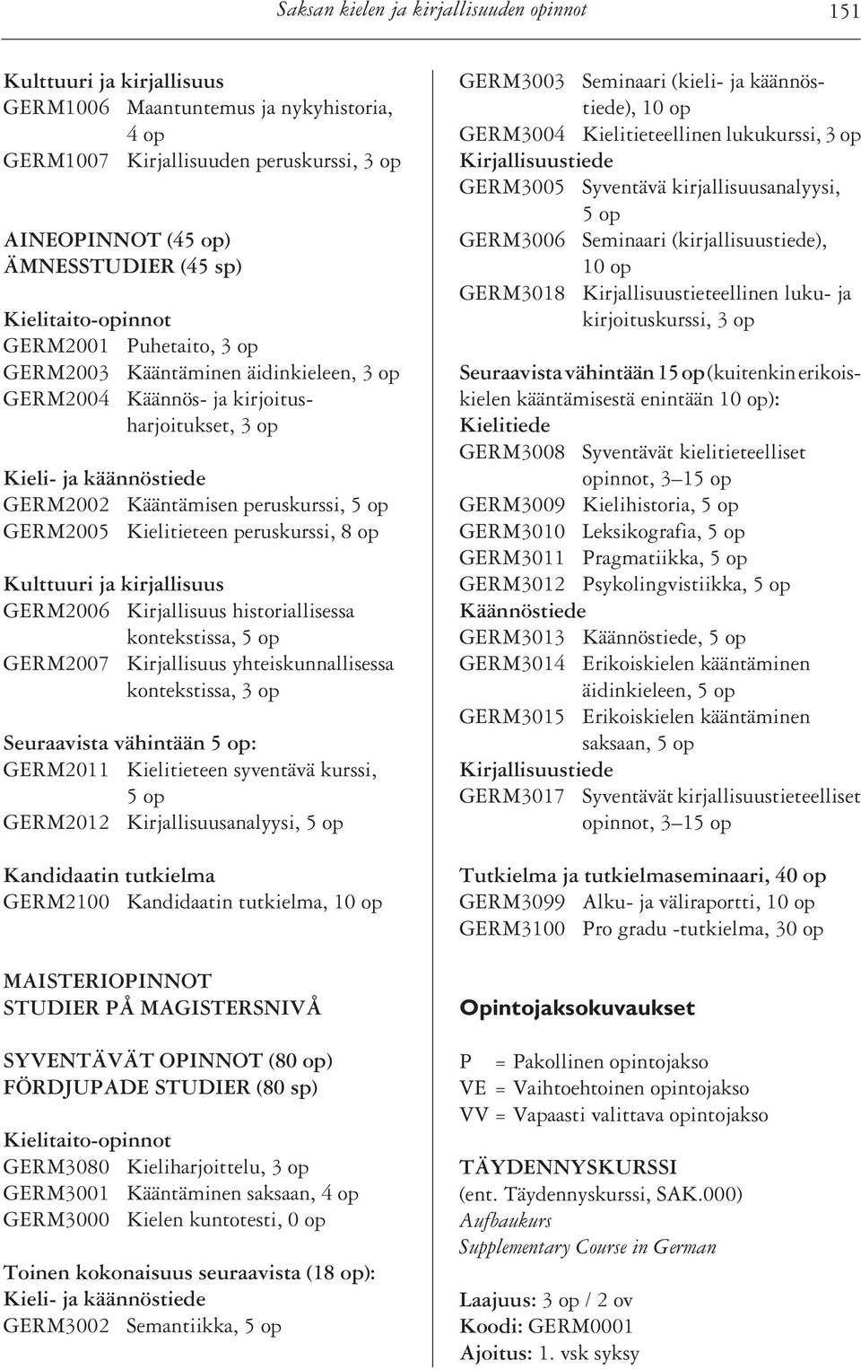 GERM2005 Kielitieteen peruskurssi, 8 op Kulttuuri ja kirjallisuus GERM2006 Kirjallisuus historiallisessa kontekstissa, 5 op GERM2007 Kirjallisuus yhteiskunnallisessa kontekstissa, 3 op Seuraavista