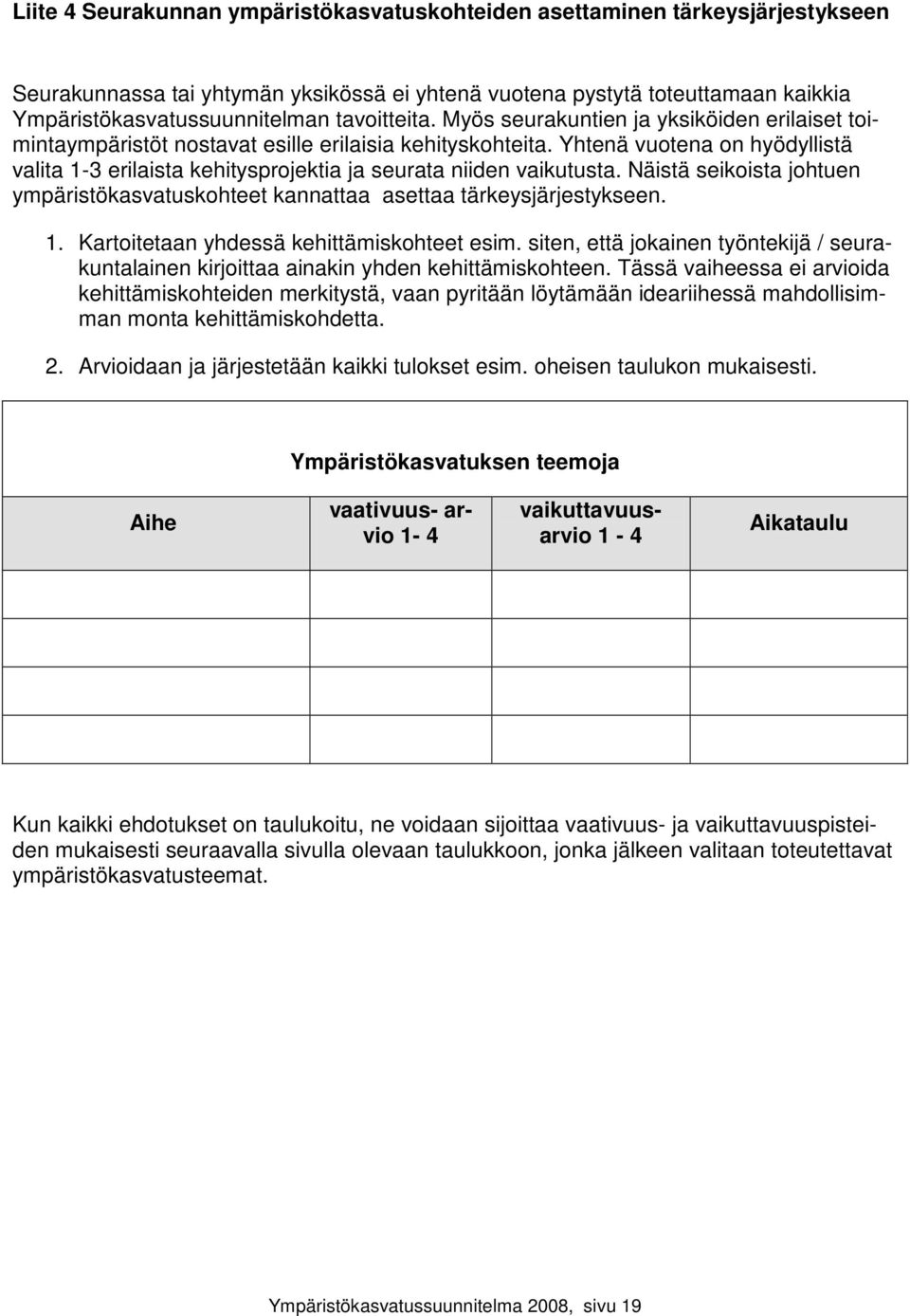 Yhtenä vuotena on hyödyllistä valita 1-3 erilaista kehitysprojektia ja seurata niiden vaikutusta. Näistä seikoista johtuen ympäristökasvatuskohteet kannattaa asettaa tärkeysjärjestykseen. 1. Kartoitetaan yhdessä kehittämiskohteet esim.
