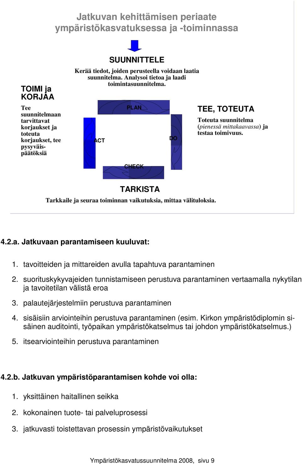 CHECK TARKISTA Tarkkaile ja seuraa toiminnan vaikutuksia, mittaa välituloksia. 4.2.a. Jatkuvaan parantamiseen kuuluvat: 1. tavoitteiden ja mittareiden avulla tapahtuva parantaminen 2.