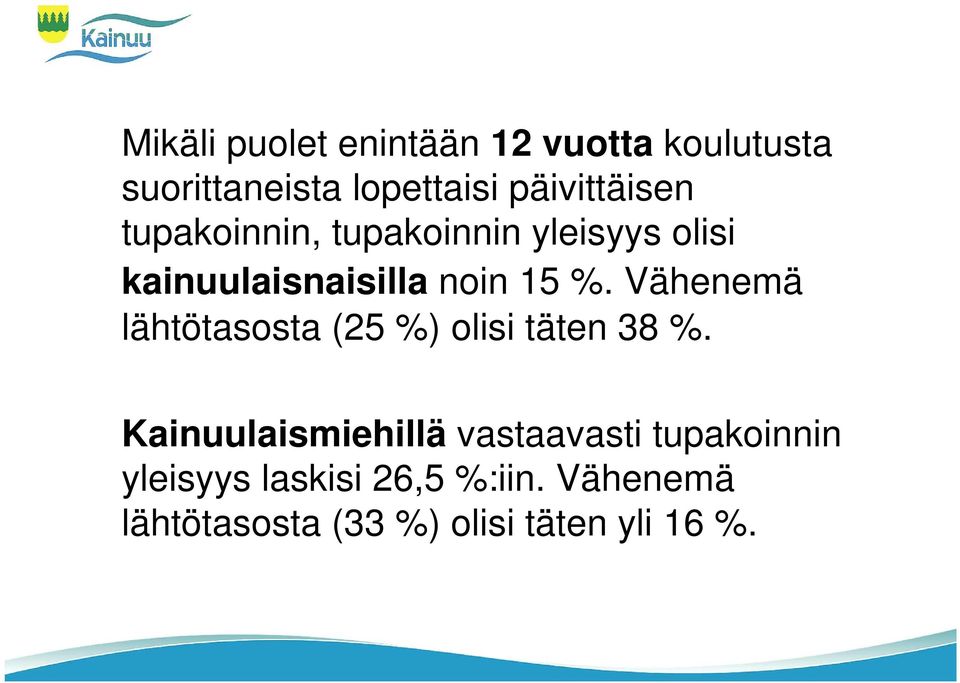 %. Vähenemä lähtötasosta (25 %) olisi täten 38 %.