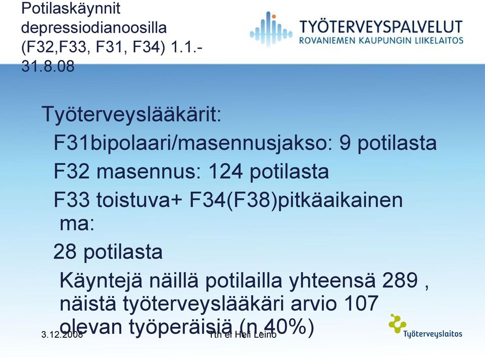 124 potilasta F33 toistuva+ F34(F38)pitkäaikainen ma: 28 potilasta Käyntejä