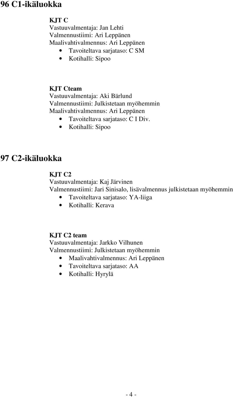 Kotihalli: Sipoo 97 C2-ikäluokka KJT C2 Vastuuvalmentaja: Kaj Järvinen Valmennustiimi: Jari Sinisalo, lisävalmennus