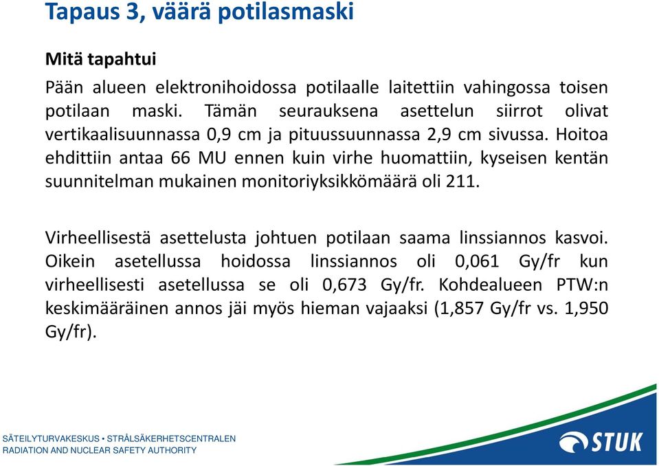 Hoitoa ehdittiin antaa 66 MU ennen kuin virhe huomattiin, kyseisen kentän suunnitelman mukainen monitoriyksikkömäärä oli 211.