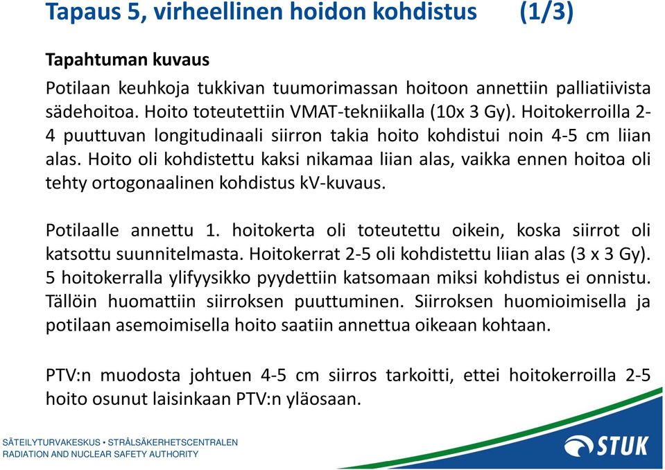 Hoito oli kh kohdistettu kk kaksi nikamaa liian alas, vaikka ennen hoitoa oli tehty ortogonaalinen kohdistus kv kuvaus. Potilaalle annettu 1.