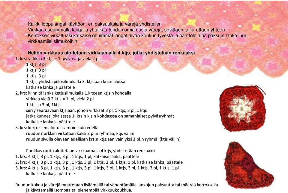 pylväs, ja vielä 2 pl 1 ktjs, 3 pl 1 ktjs, 3 pl 1 ktjs, 3 pl 1 ktjs, yhdistä piilosilmukalla 3. ktjs:aan krs:n alussa katkaise lanka ja päättele 2. krs: kiinnitä lanka ketjusilmukalla 1.