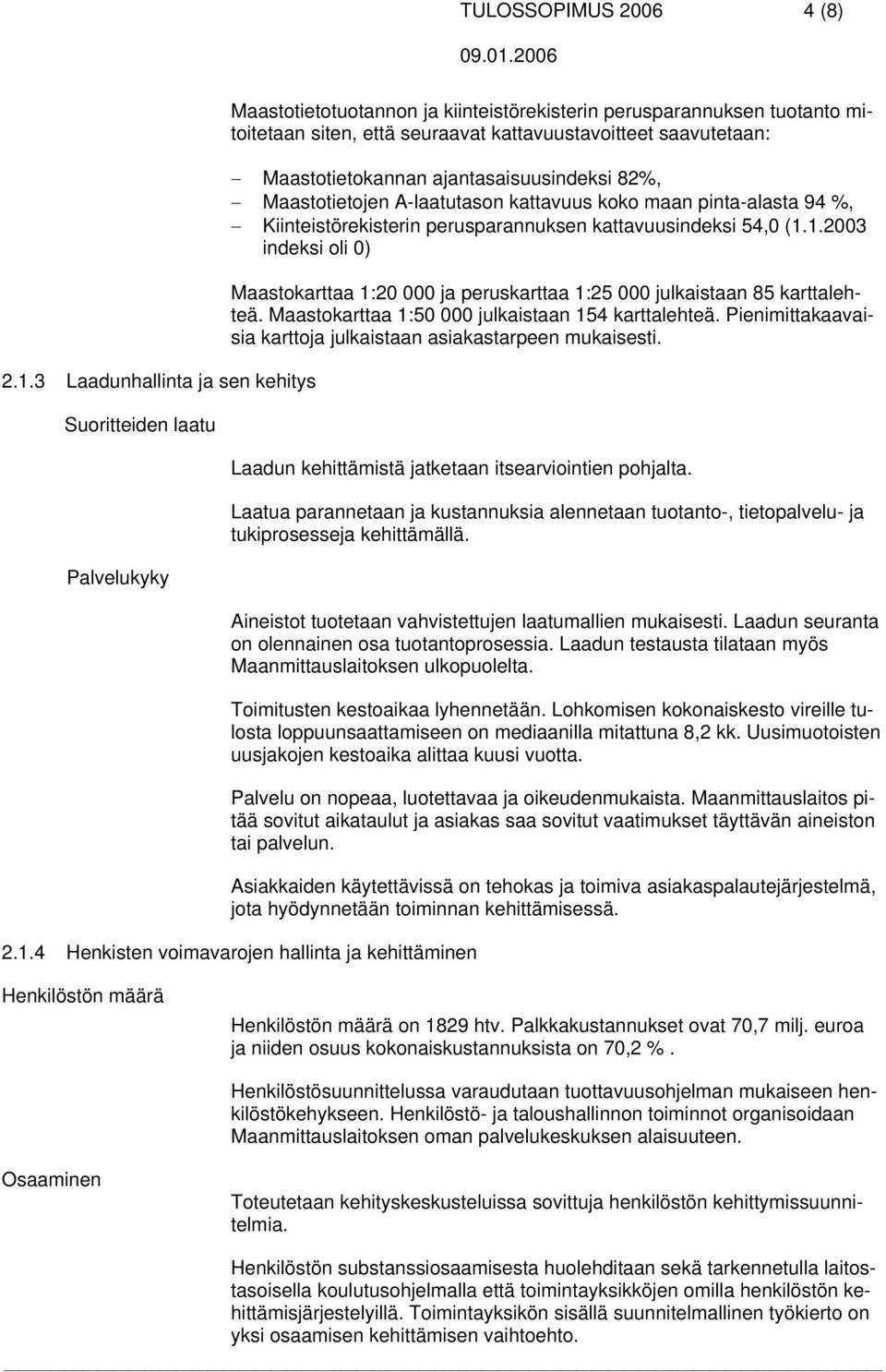 saavutetaan: Maastotietokannan ajantasaisuusindeksi 82%, Maastotietojen A-laatutason kattavuus koko maan pinta-alasta 94 %, Kiinteistörekisterin perusparannuksen kattavuusindeksi 54,0 (1.