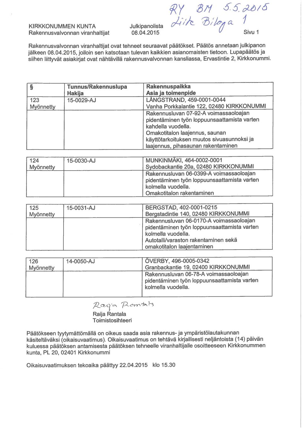 123 Tunnus/ 15-0029-AJ Rakennuspaikka LÄNGSTRAND, 459-0001-0044 Vanha Porkkalantie 122, 02480 KIRKKONUMMI Rakennusluvan 07-92-A voimassaoloajan kahdella vuodella.