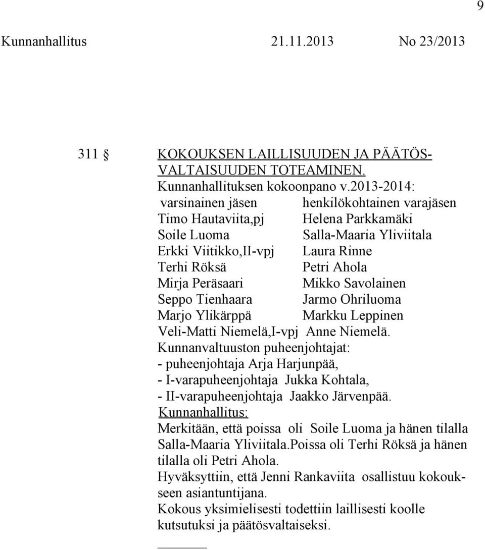 Peräsaari Mikko Savolainen Seppo Tienhaara Jarmo Ohriluoma Marjo Ylikärppä Markku Leppinen Veli-Matti Niemelä,I-vpj Anne Niemelä.