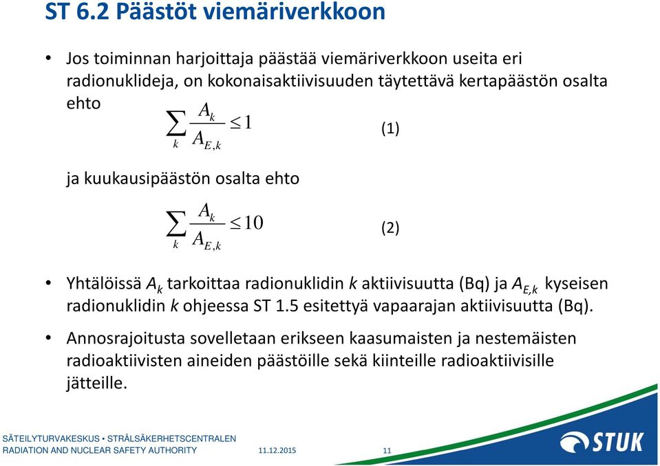 radionuklidin k aktiivisuutta (Bq) ja A E,k kyseisen radionuklidin k ohjeessa ST 1.5 esitettyä vapaarajan aktiivisuutta (Bq).