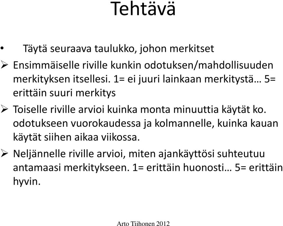 1= ei juuri lainkaan merkitystä 5= erittäin suuri merkitys Toiselle riville arvioi kuinka monta minuuttia