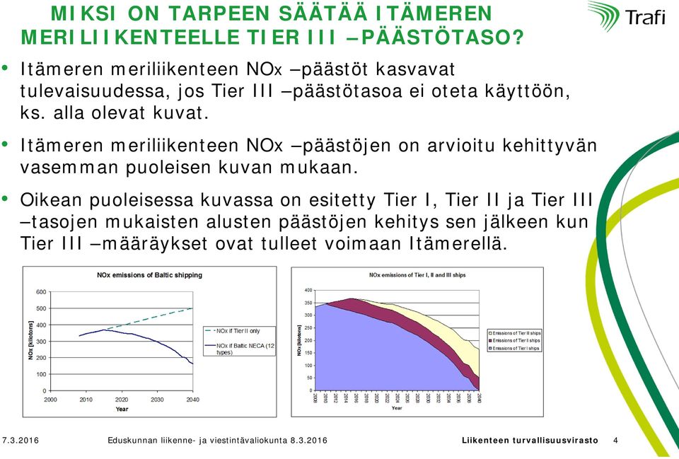 Itämeren meriliikenteen NOx päästöjen on arvioitu kehittyvän vasemman puoleisen kuvan mukaan.