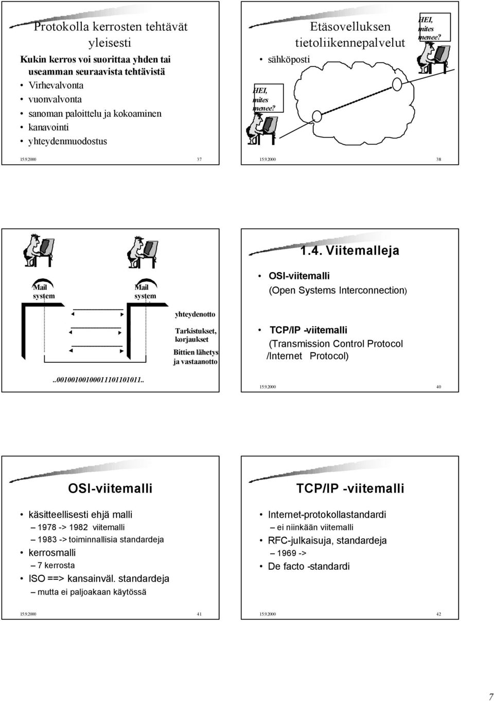 Viitemalleja Mail system Mail system OSI-viitemalli (Open Systems Interconnection) yhteydenotto Tarkistukset, korjaukset Bittien lähetys ja vastaanotto TCP/IP -viitemalli (Transmission Control