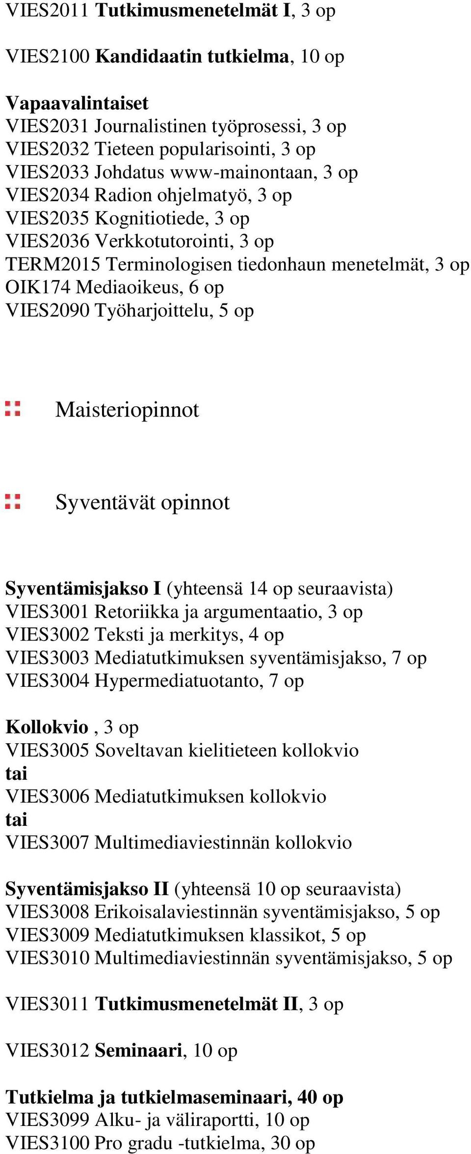 VIES2090 Työharjoittelu, 5 op Maisteriopinnot Syventävät opinnot Syventämisjakso I (yhteensä 14 op seuraavista) VIES3001 Retoriikka ja argumentaatio, 3 op VIES3002 Teksti ja merkitys, 4 op VIES3003