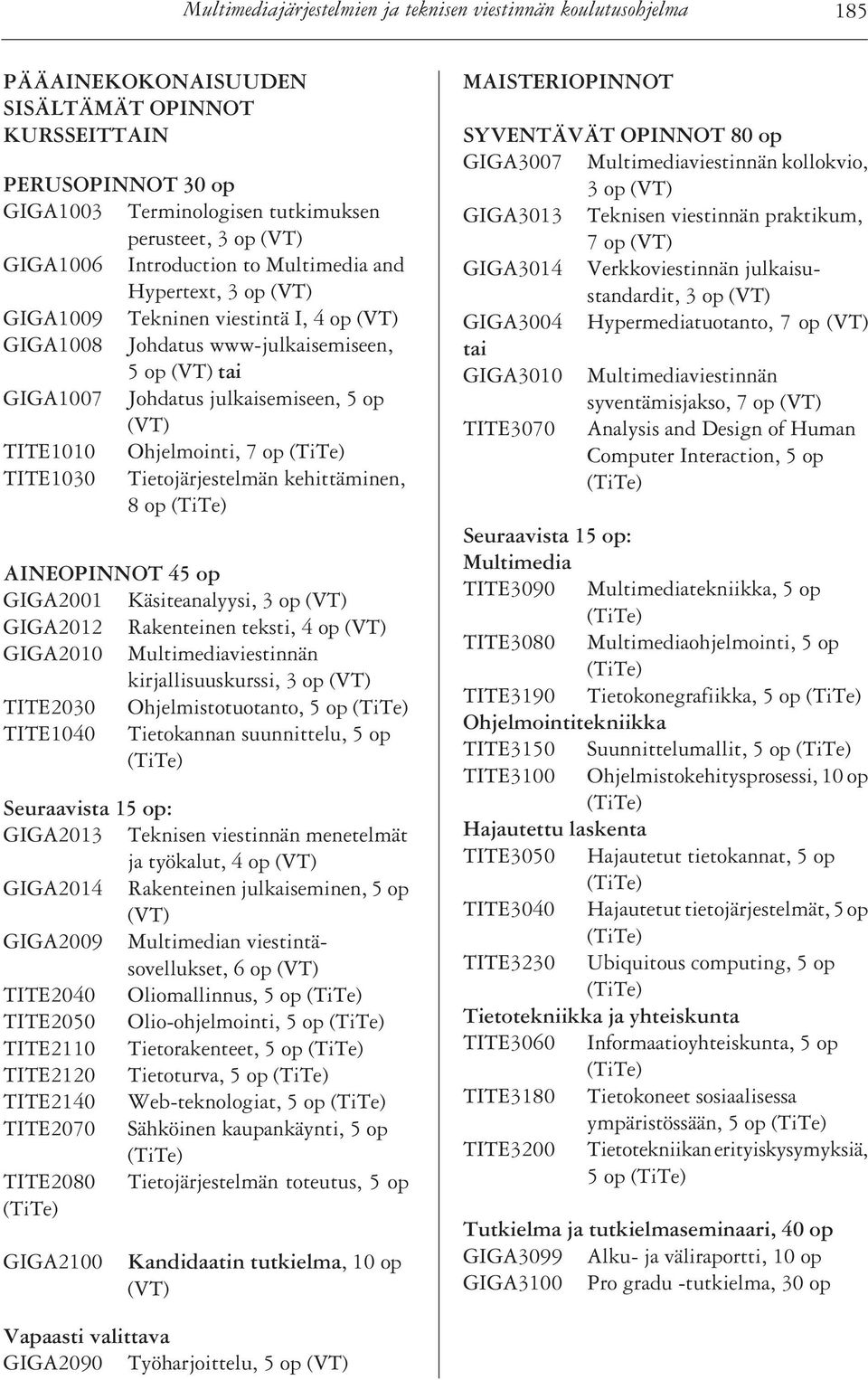 TITE1010 Ohjelmointi, 7 op TITE1030 Tietojärjestelmän kehittäminen, 8 op AINEOPINNOT 45 op GIGA2001 Käsiteanalyysi, 3 op (VT) GIGA2012 Rakenteinen teksti, 4 op (VT) GIGA2010 Multimediaviestinnän