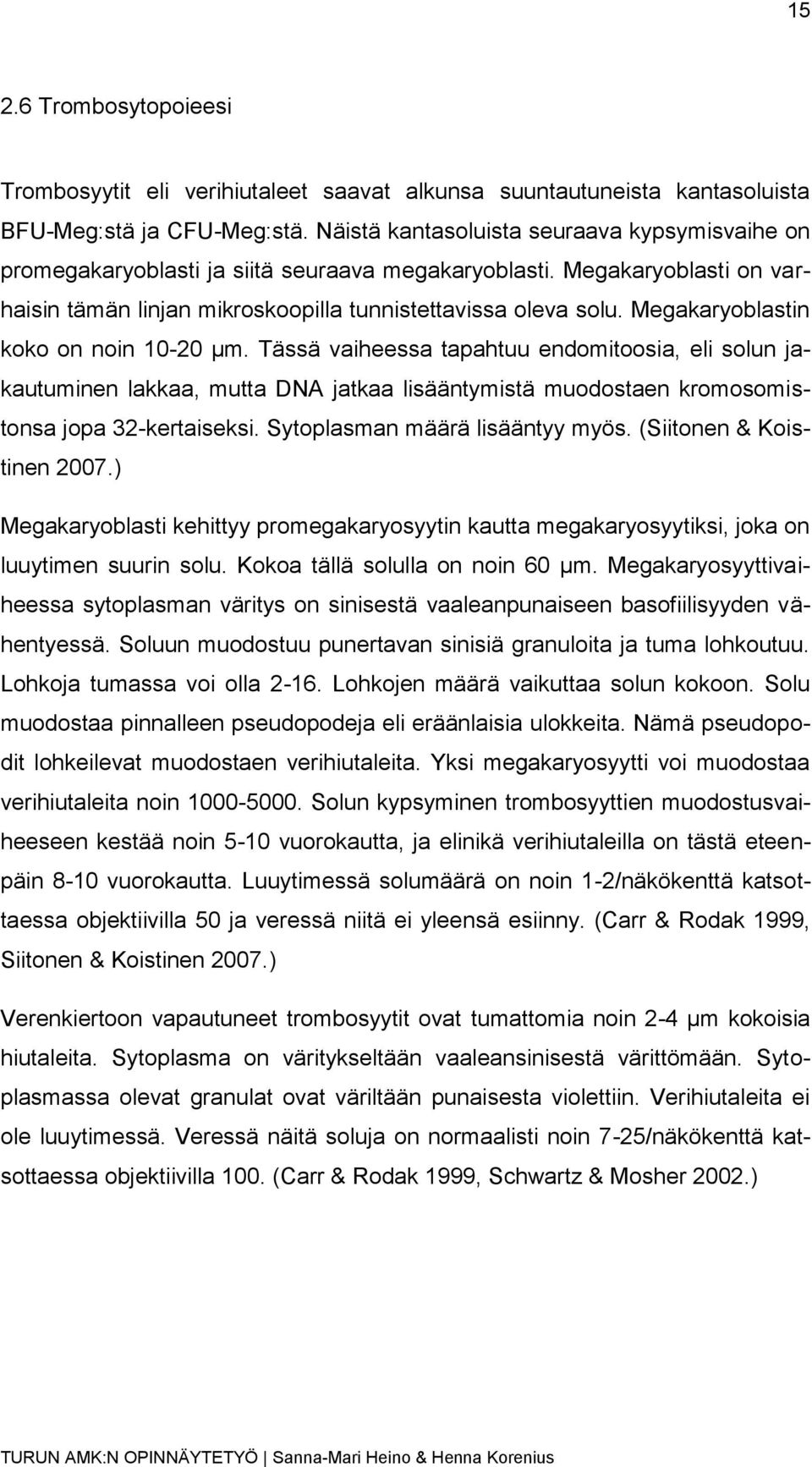 Megakaryoblastin koko on noin 10-20 µm. Tässä vaiheessa tapahtuu endomitoosia, eli solun jakautuminen lakkaa, mutta DNA jatkaa lisääntymistä muodostaen kromosomistonsa jopa 32-kertaiseksi.