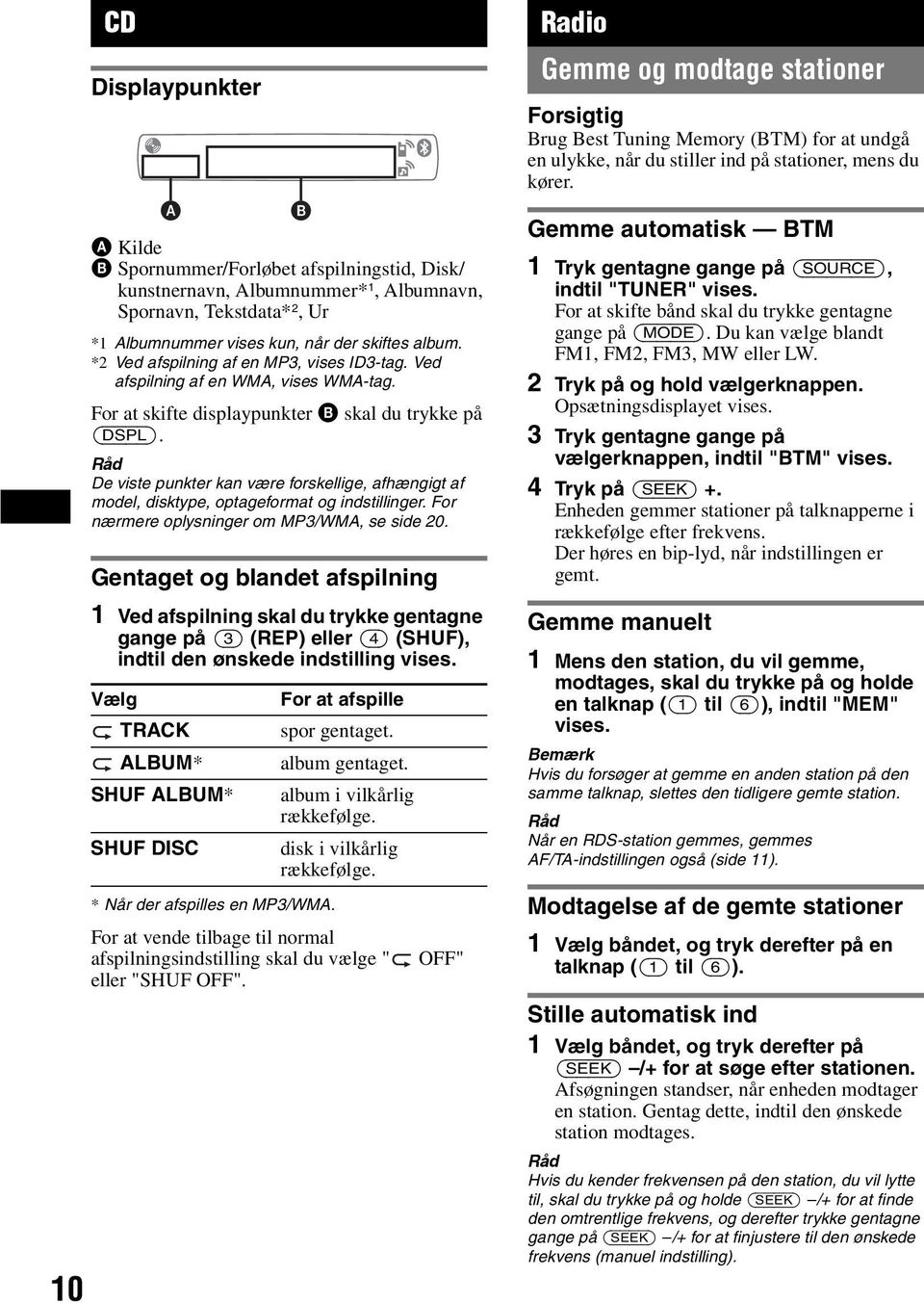 Råd De viste punkter kan være forskellige, afhængigt af model, disktype, optageformat og indstillinger. For nærmere oplysninger om MP3/WMA, se side 20.