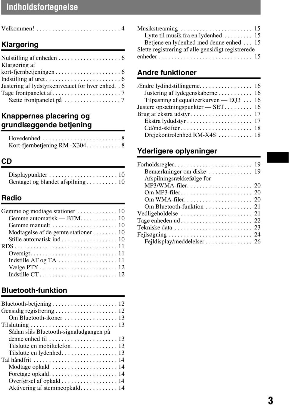 ................. 7 Knappernes placering og grundlæggende betjening CD Hovedenhed......................... 8 Kort-fjernbetjening RM -X304........... 8 Displaypunkter.