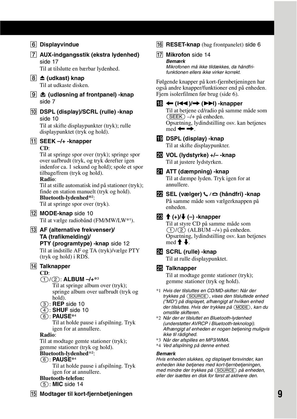 K SEEK /+ -knapper CD: Til at springe spor over (tryk); springe spor over uafbrudt (tryk, og tryk derefter igen indenfor ca. 1 sekund og hold); spole et spor tilbage/frem (tryk og hold).