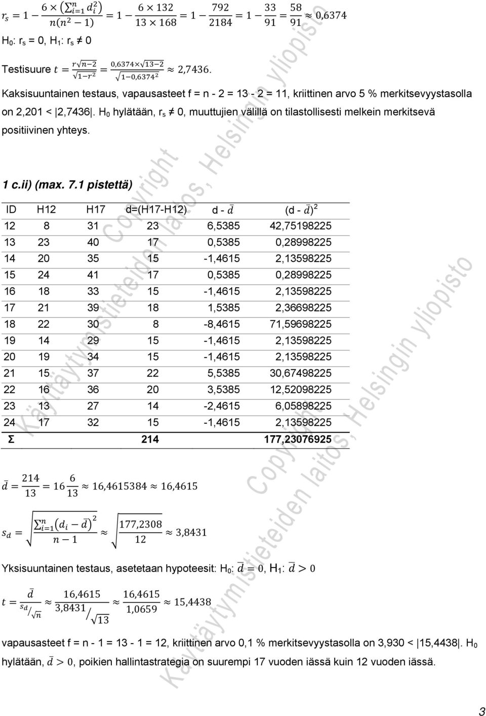 H 0 hylätään, r s 0, muuttujien välillä on tilastollisesti melkein merkitsevä positiivinen yhteys. 1 c.ii) (max. 7.
