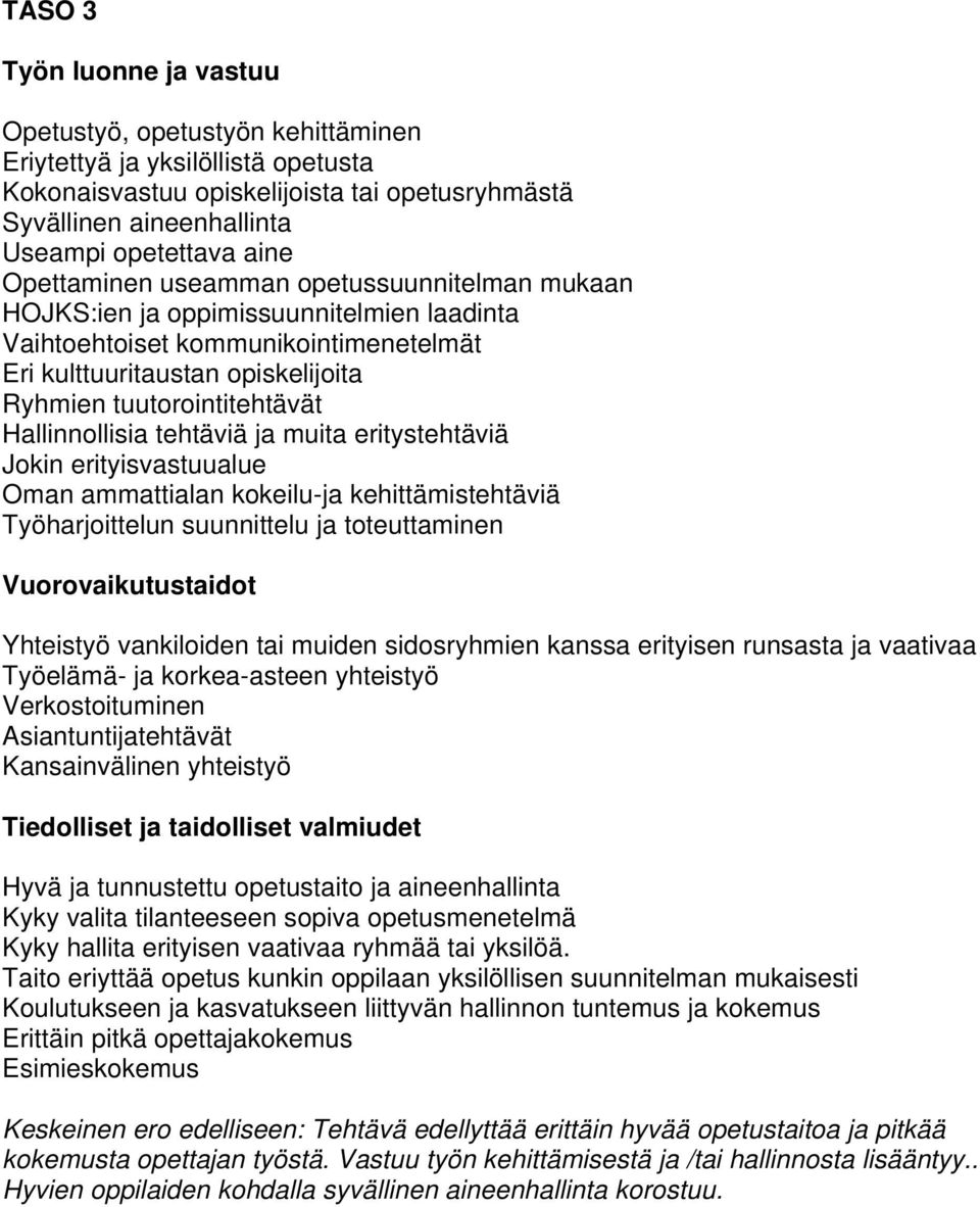 Hallinnollisia tehtäviä ja muita eritystehtäviä Jokin erityisvastuualue Oman ammattialan kokeilu-ja kehittämistehtäviä Työharjoittelun suunnittelu ja toteuttaminen Vuorovaikutustaidot Yhteistyö