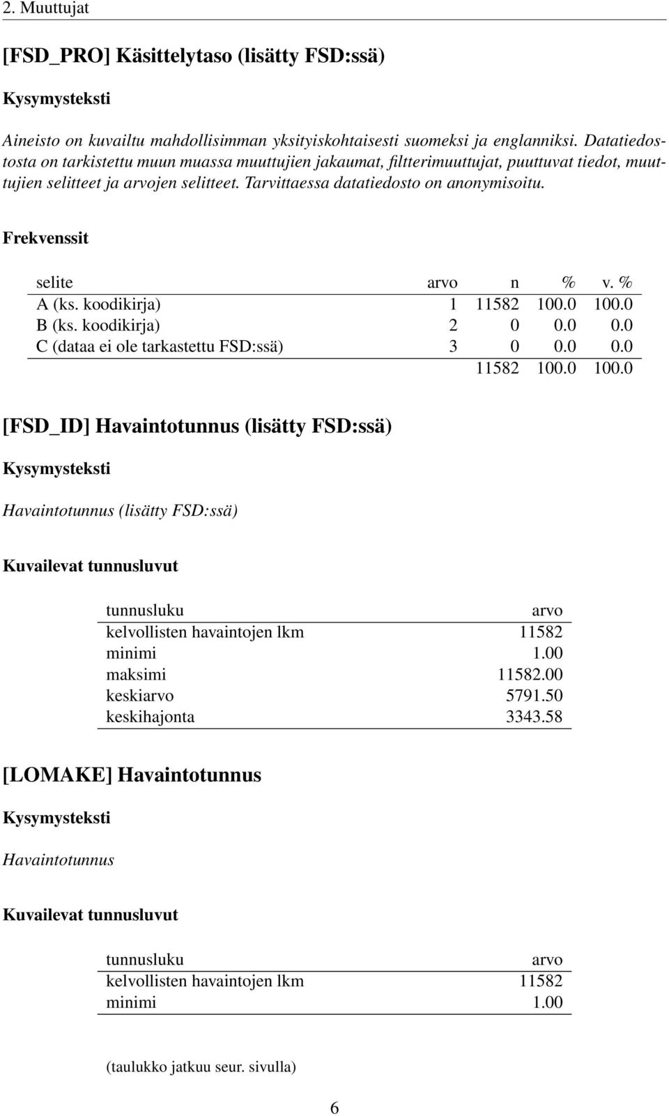 koodikirja) 1 B (ks. koodikirja) 2 0 0.0 0.0 C (dataa ei ole tarkastettu FSD:ssä) 3 0 0.0 0.0 [FSD_ID] Havaintotunnus (lisätty FSD:ssä) Havaintotunnus (lisätty FSD:ssä) Kuvailevat tunnusluvut tunnusluku arvo kelvollisten havaintojen lkm 11582 minimi 1.