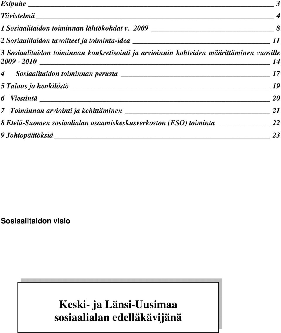 määrittäminen vuosille 2009-2010 14 4 Sosiaalitaidon toiminnan perusta 17 5 Talous ja henkilöstö 19 6 Viestintä 20 7