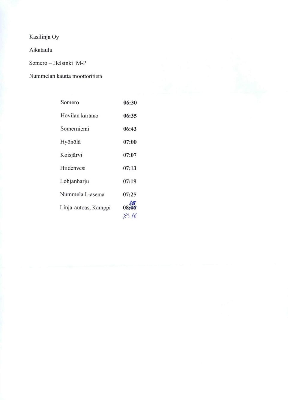 Somemiemi 06:43 HyonOla 07:00 Koisjarvi 07:07 Hiidenvesi