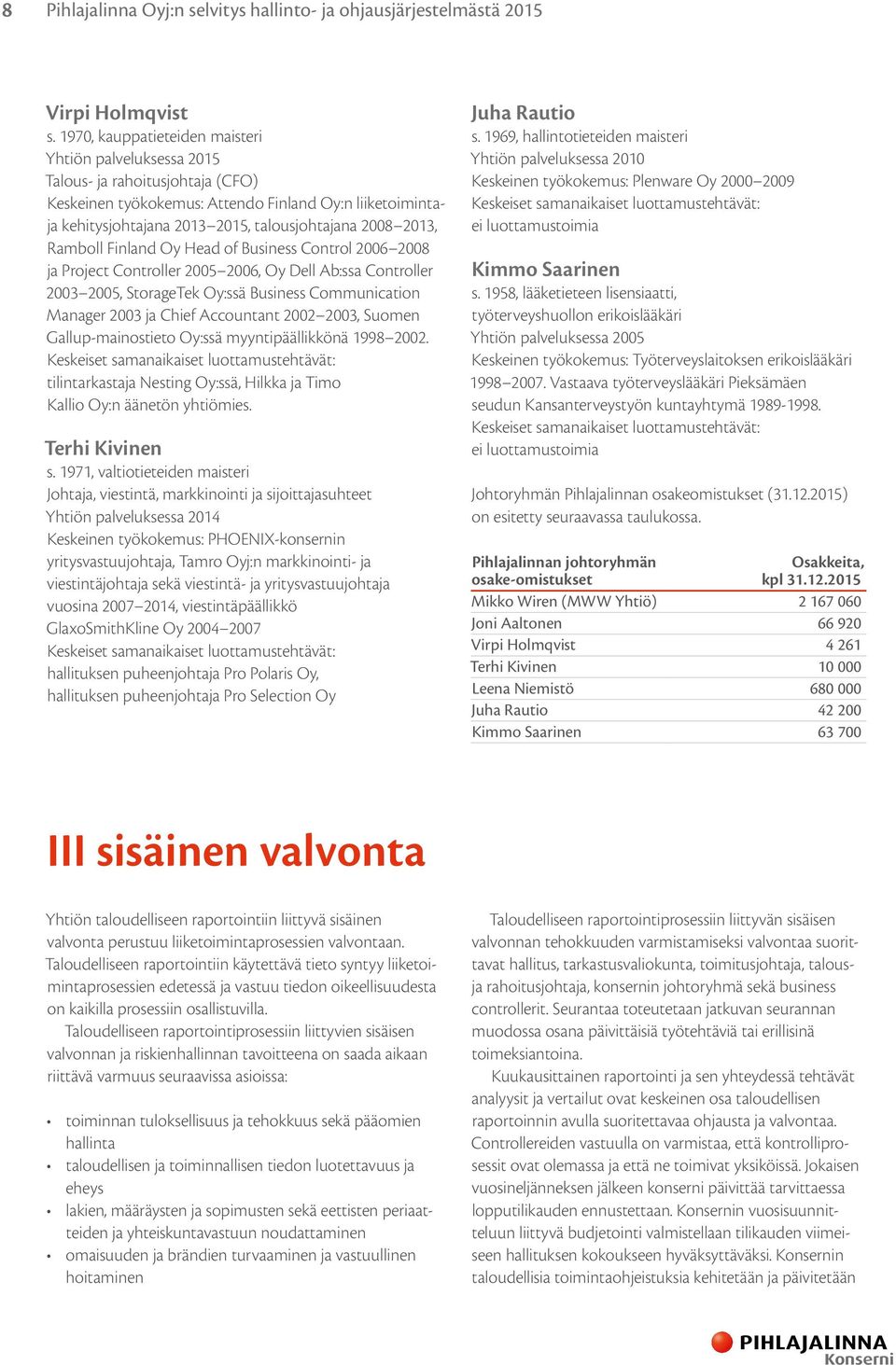2013, Ramboll Finland Oy Head of Business Control 2006 2008 ja Project Controller 2005 2006, Oy Dell Ab:ssa Controller 2003 2005, StorageTek Oy:ssä Business Communication Manager 2003 ja Chief