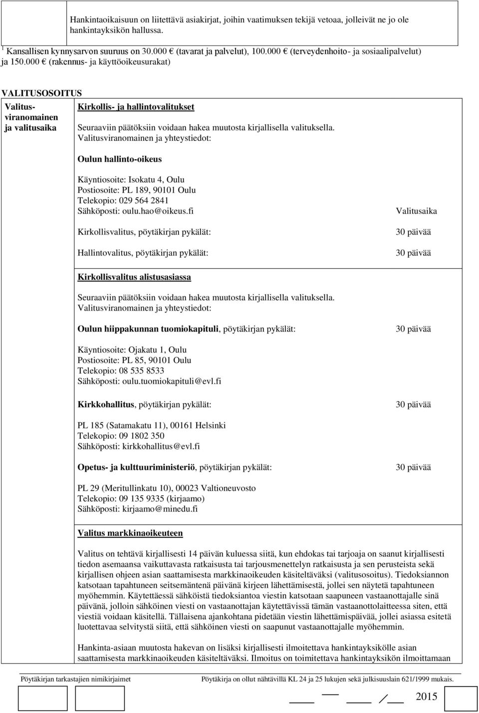 000 (rakennus- ja käyttöoikeusurakat) VALITUSOSOITUS Valitusviranomainen ja valitusaika Kirkollis- ja hallintovalitukset Seuraaviin päätöksiin voidaan hakea muutosta kirjallisella valituksella.