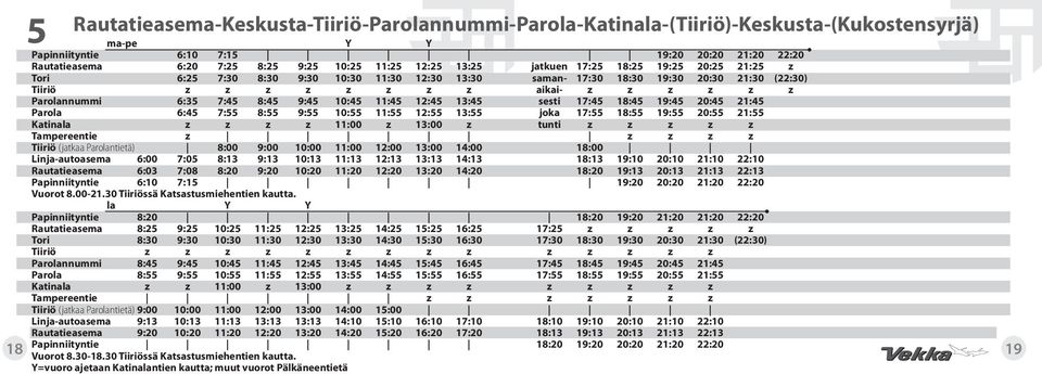 6:45 7:55 8:55 9:55 10:55 11:55 12:55 13:55 joka 17:55 18:55 19:55 20:55 21:55 Katinala z z z z 11:00 z 13:00 z tunti z z z z z Tampereentie z z z z z Tiiriö (jatkaa Parolantietä) 8:00 9:00 10:00