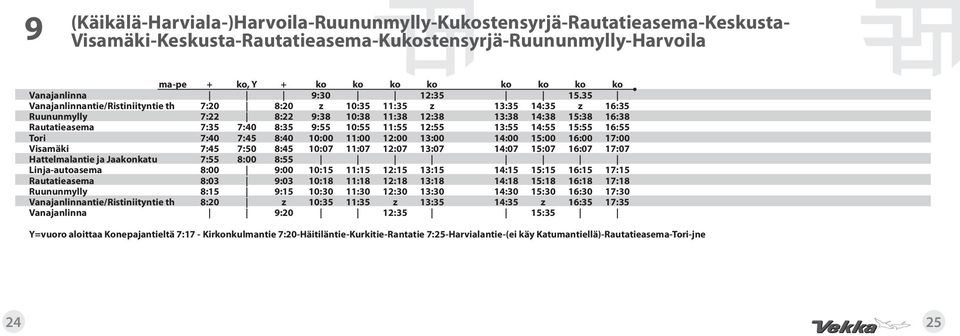 35 Vanajanlinnantie/Ristiniityntie th 7:20 8:20 z 10:35 11:35 z 13:35 14:35 z 16:35 Ruununmylly 7:22 8:22 9:38 10:38 11:38 12:38 13:38 14:38 15:38 16:38 Rautatieasema 7:35 7:40 8:35 9:55 10:55 11:55