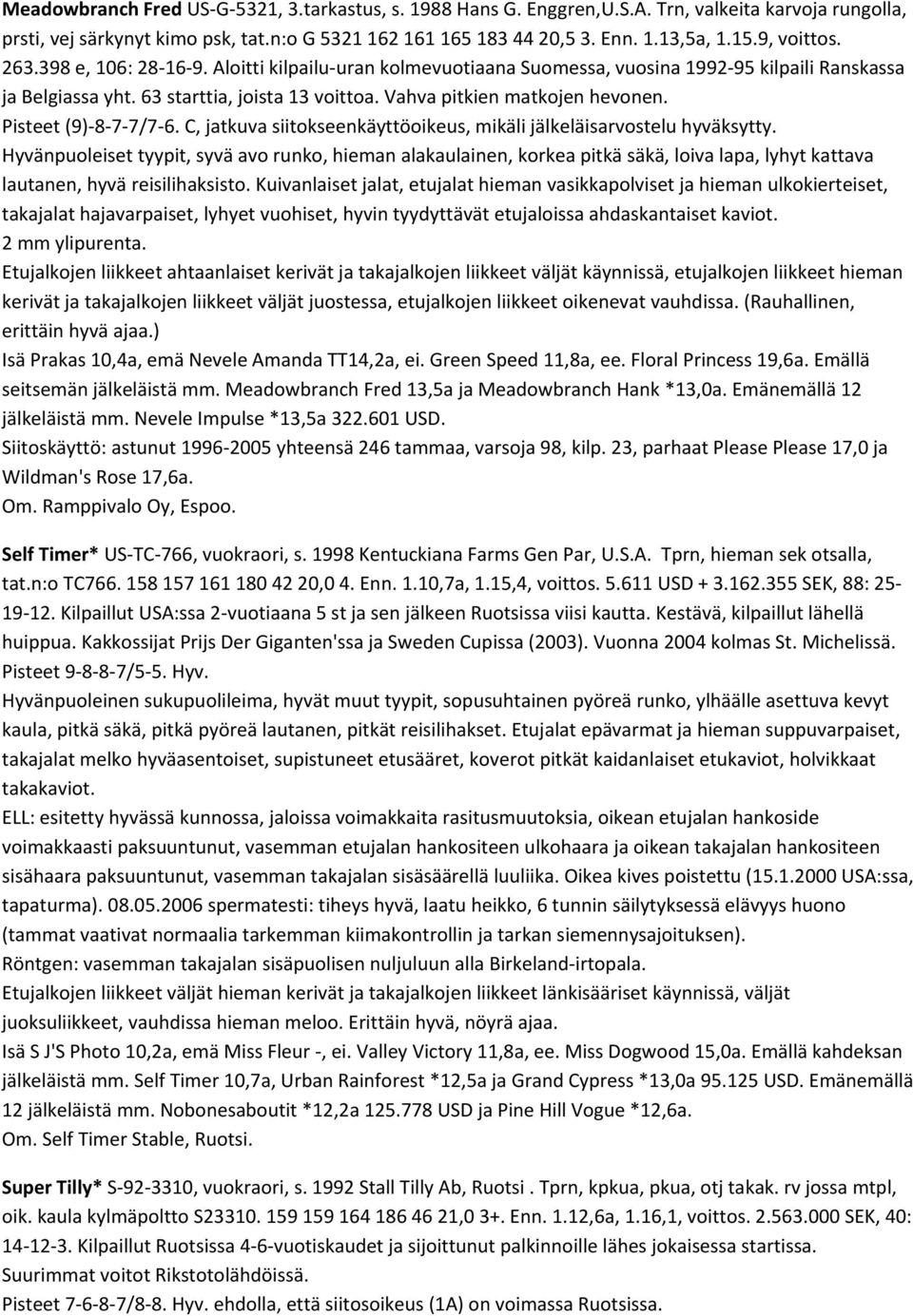 Pisteet (9) 8 7 7/7 6. C, jatkuva siitokseenkäyttöoikeus, mikäli jälkeläisarvostelu hyväksytty.