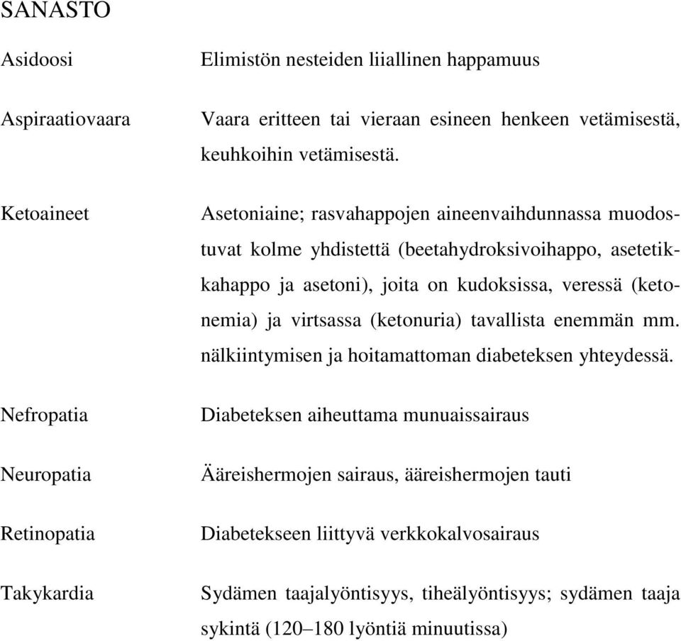 virtsassa (ketonuria) tavallista enemmän mm. nälkiintymisen ja hoitamattoman diabeteksen yhteydessä.