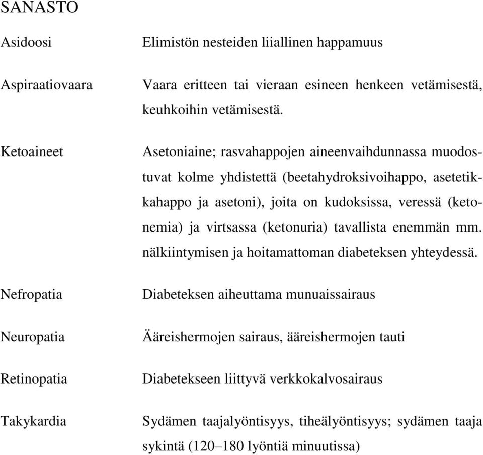 virtsassa (ketonuria) tavallista enemmän mm. nälkiintymisen ja hoitamattoman diabeteksen yhteydessä.