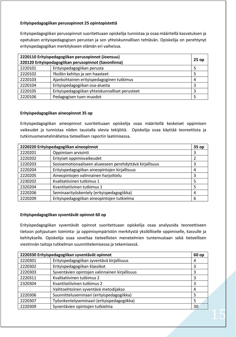 2220110 Erityispedagogiikan perusopinnot (Joensuu) 220120 Erityispedagogiikan perusopinnot (Savonlinna) 25 op 2220101 Erityispedagogiikan perusta 5 2220102 Yksilön kehitys ja sen haasteet 5 2220103