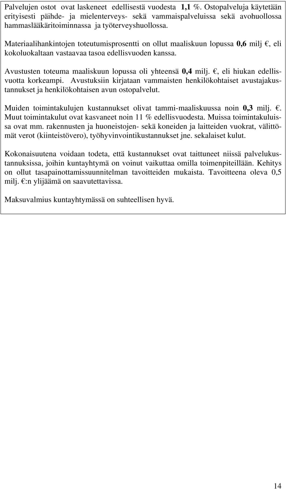 Materiaalihankintojen toteutumisprosentti on ollut maaliskuun lopussa 0,6 milj, eli kokoluokaltaan vastaavaa tasoa edellisvuoden kanssa. Avustusten toteuma maaliskuun lopussa oli yhteensä 0,4 milj.