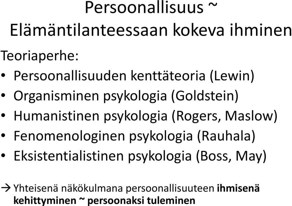(Rogers, Maslow) Fenomenologinen psykologia (Rauhala) Eksistentialistinen psykologia