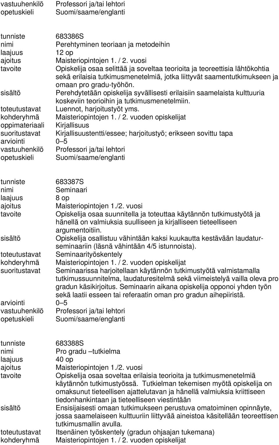 Perehdytetään opiskelija syvällisesti erilaisiin saamelaista kulttuuria koskeviin teorioihin ja tutkimusmenetelmiin. toteutustavat Luennot, harjoitustyöt yms. kohderyhmä Maisteriopintojen 1. / 2.