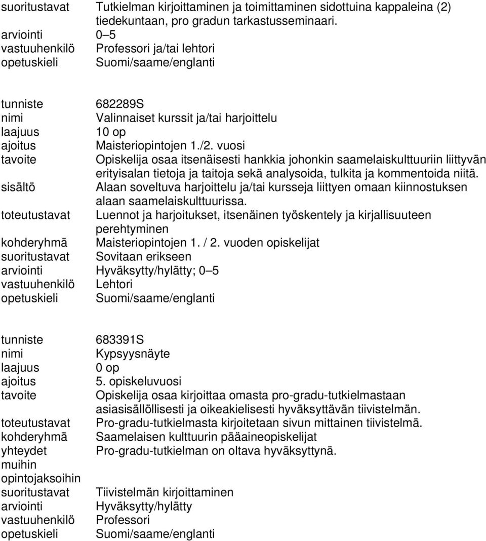 vuosi tavoite Opiskelija osaa itsenäisesti hankkia johonkin saamelaiskulttuuriin liittyvän erityisalan tietoja ja taitoja sekä analysoida, tulkita ja kommentoida niitä.