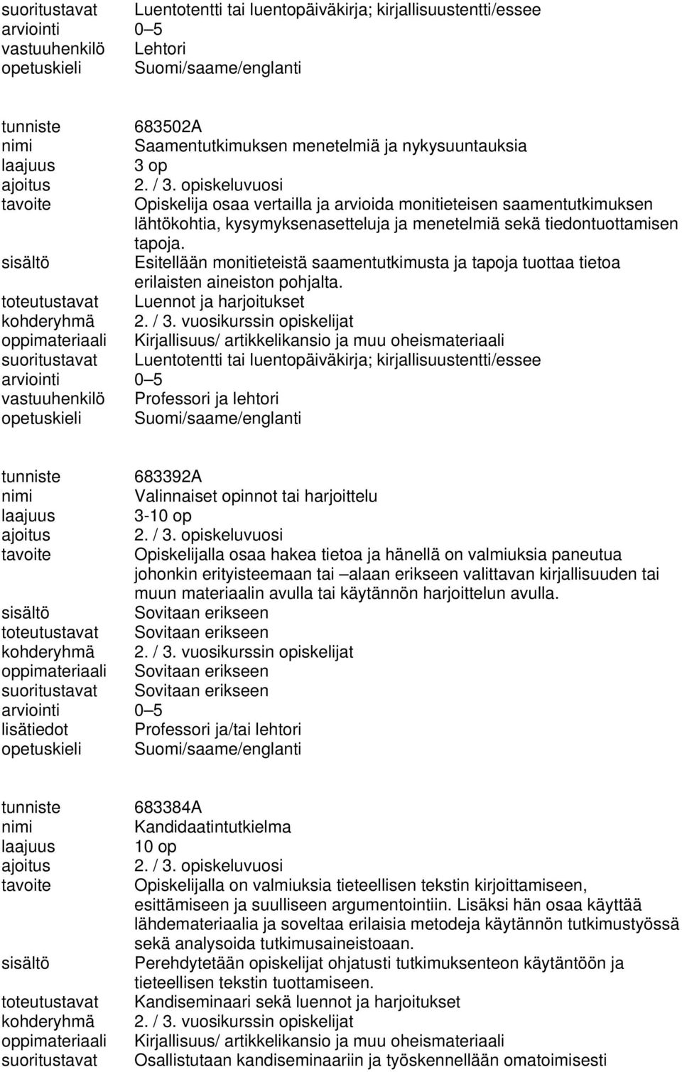 Esitellään monitieteistä saamentutkimusta ja tapoja tuottaa tietoa erilaisten aineiston pohjalta. toteutustavat Luennot ja harjoitukset kohderyhmä 2. / 3.