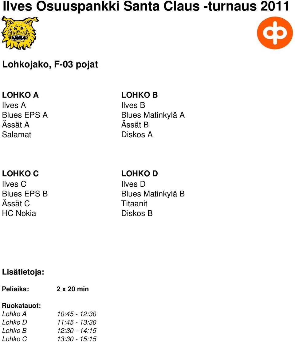 Ässät C HC Nokia LOHKO D Ilves D Blues Matinkylä B Titaanit Diskos B Lisätietoja: Peliaika: 2 x