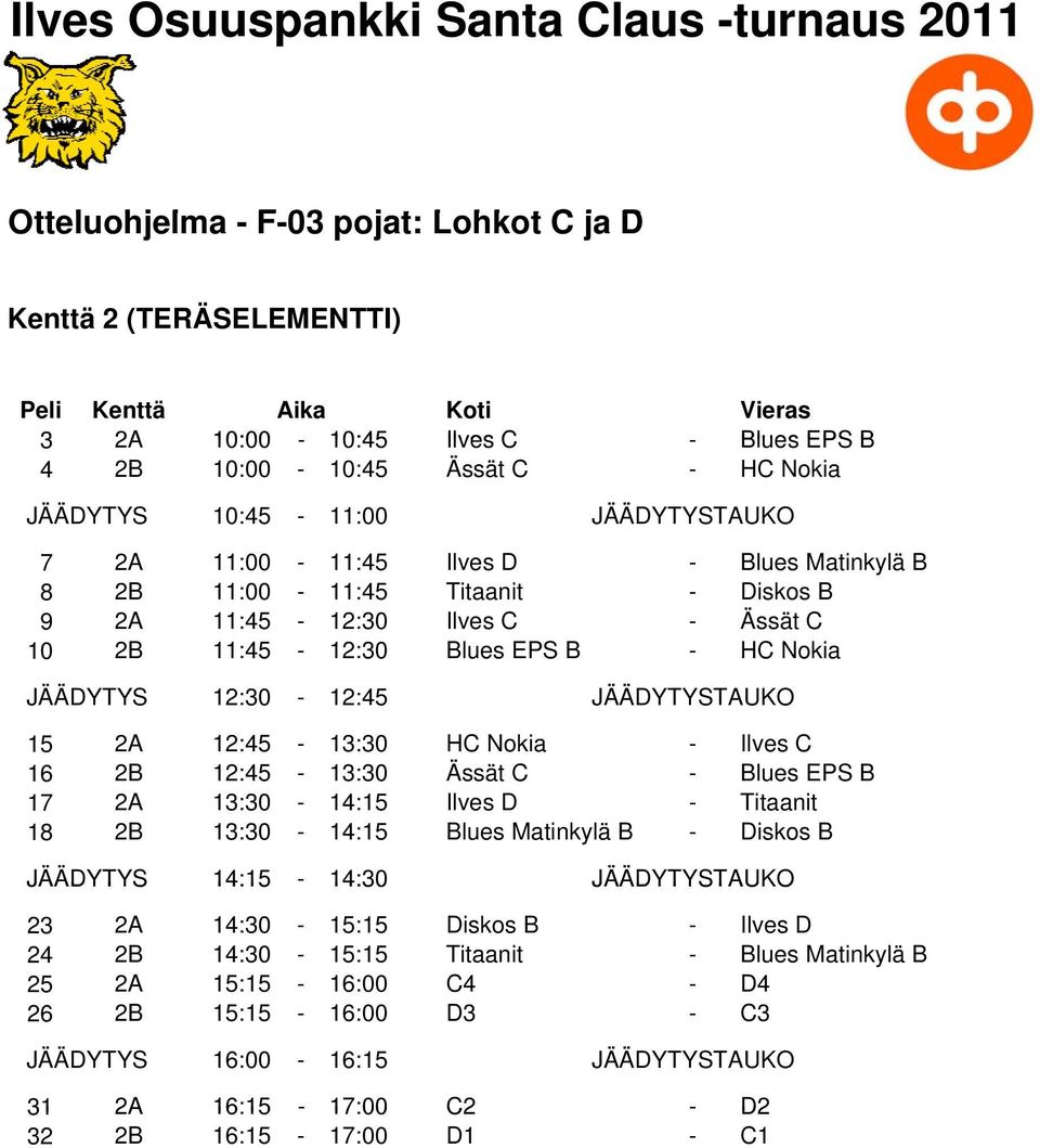 11:45-12:30 Blues EPS B - HC Nokia JÄÄDYTYS 12:30-12:45 JÄÄDYTYSTAUKO 15 2A 12:45-13:30 HC Nokia - Ilves C 16 2B 12:45-13:30 Ässät C - Blues EPS B 17 2A 13:30-14:15 Ilves D - Titaanit 18 2B