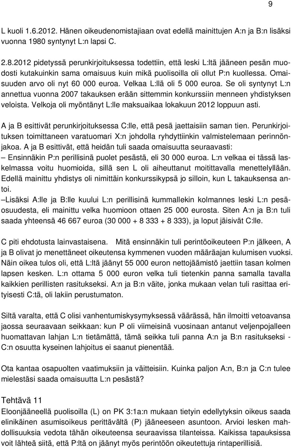 Omaisuuden arvo oli nyt 60 000 euroa. Velkaa L:llä oli 5 000 euroa. Se oli syntynyt L:n annettua vuonna 2007 takauksen erään sittemmin konkurssiin menneen yhdistyksen veloista.