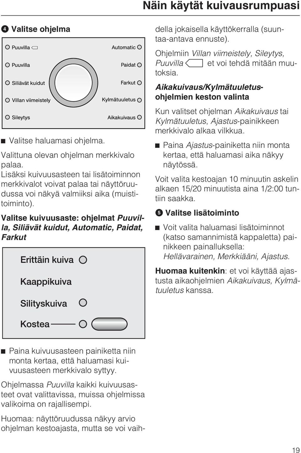 Valitse kuivuusaste: ohjelmat Puuvilla, Siliävät kuidut, Automatic, Paidat, Farkut Paina kuivuusasteen painiketta niin monta kertaa, että haluamasi kuivuusasteen merkkivalo syttyy.