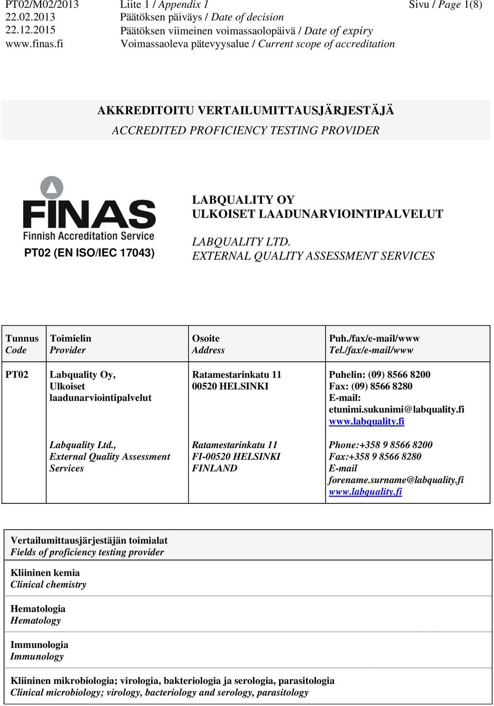 /fax/e-mail/www PT02 Labquality Oy, Ulkoiset laadunarviointipalvelut Ratamestarinkatu 11 00520 HELSINKI Puhelin: (09) 8566 8200 Fax: (09) 8566 8280 E-mail: etunimi.sukunimi@labquality.fi www.