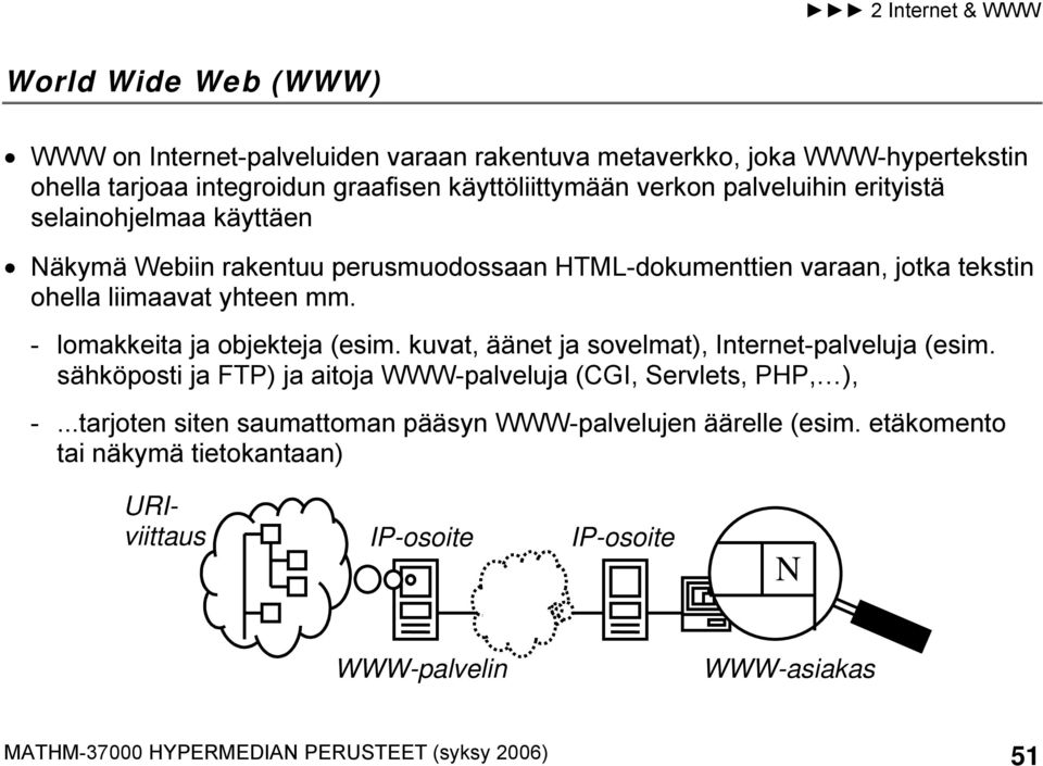 - lomakkeita ja objekteja (esim. kuvat, äänet ja sovelmat), Internet-palveluja (esim. sähköposti ja FTP) ja aitoja WWW-palveluja (CGI, Servlets, PHP, ), -.