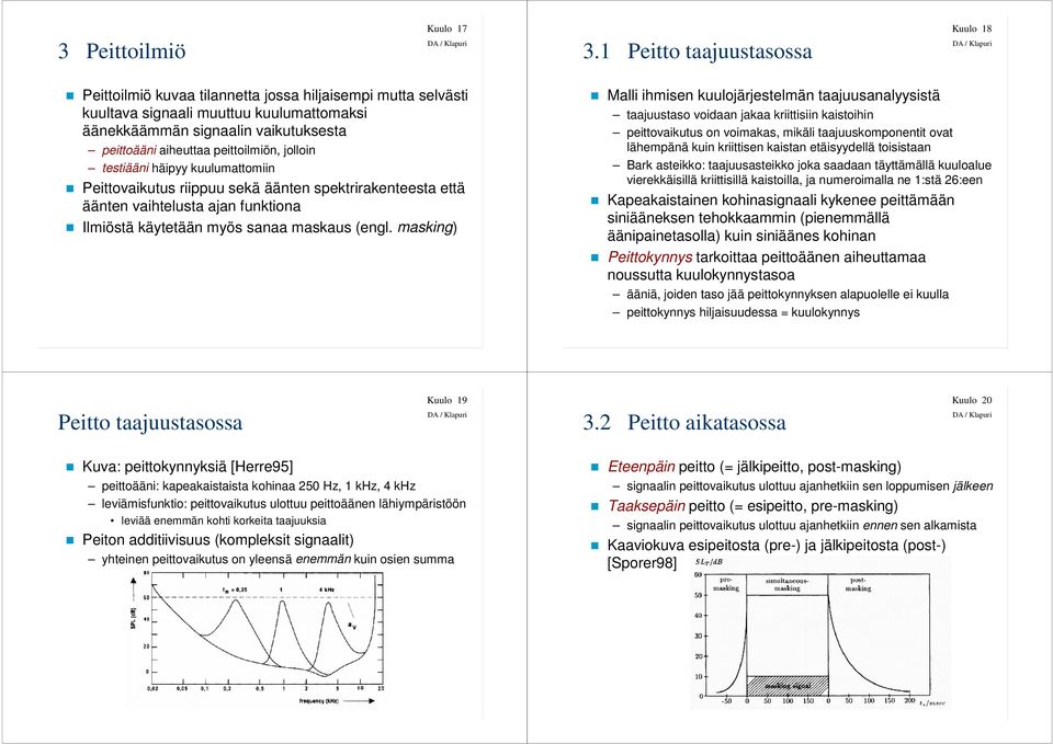 peittoilmiön, jolloin testiääni häipyy kuulumattomiin Peittovaikutus riippuu sekä äänten spektrirakenteesta että äänten vaihtelusta ajan funktiona Ilmiöstä käytetään myös sanaa maskaus (engl.