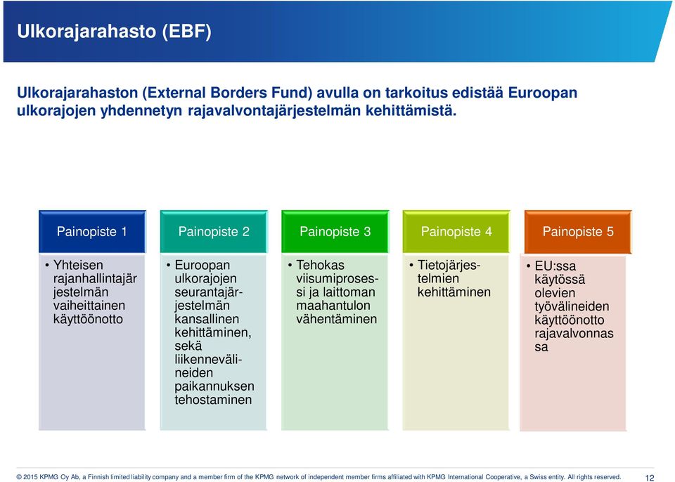 kehittäminen, sekä liikennevälineiden paikannuksen tehostaminen Tehokas viisumiprosessi ja laittoman maahantulon vähentäminen Tietojärjestelmien kehittäminen EU:ssa käytössä olevien