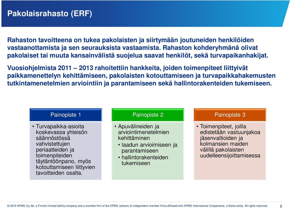 Vuosiohjelmista 2011 2013 rahoitettiin hankkeita, joiden toimenpiteet liittyivät paikkamenettelyn kehittämiseen, pakolaisten kotouttamiseen ja turvapaikkahakemusten tutkintamenetelmien arviointiin ja